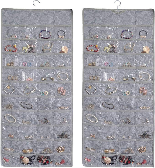 BB Brotrade Hanging Jewelry Organizer,Double Sided Jewelry Storage Organizer with Embossed Pattern,80 Clear PVC Pockets Organizer for Holding Jewelries (Grey)
