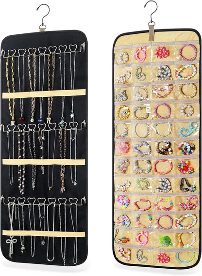 2 Pack Hanging Jewelry Organizer Storage with 48 Pockets and Hooks Dual-Sided Hanging Jewelry Organizers and Storage Hang on Closet, Wall, Door for Earrings, Necklaces, Rings,Blcak