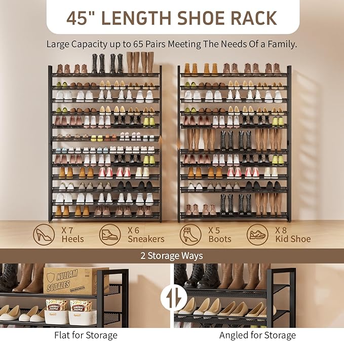 Metal Shoe Rack,Large 12 Tier Shoe Organizer, Heavy Duty Metal 6-Tier Stackable Shoe Storage Vertical Shoe Rack for Closet Front Door Entrance,Entryway,GarageUp to 76 Pairs,Black