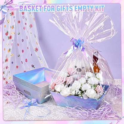 AFOROEOA 6PACK Laser Baskets for Gifts Empty, 12x10x4” Holographic Iridescent Gift Basket Kit with 6 Bows & 6 Bags - Kraft Empty Gift Baskets for Christmas, Weddings, Birthdays, Holiday Gifting Hampers