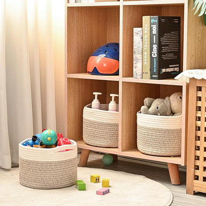 ICERZCZ Small Storage Baskets for Organizing, Organizer Baskets for Shelves, Small Woven Basket for Storage, Cute Brr Basket for Gifts Empty, 9.7"×9.7"×7" (3 Packs) Off White & Brown