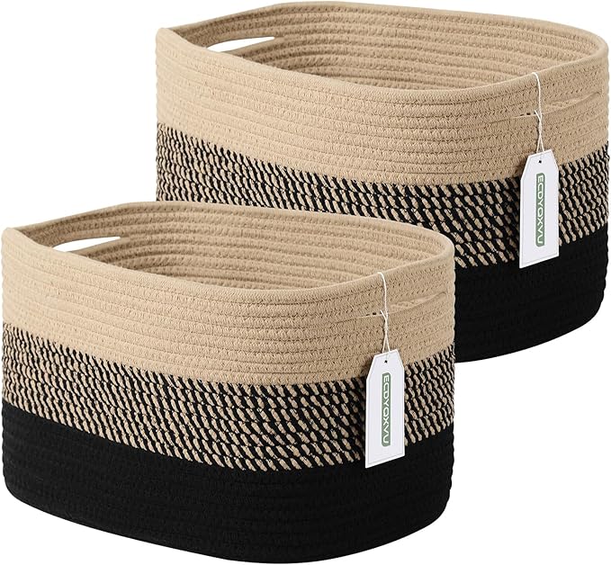 ECDYQXVU Cotton Rope Storage Basket, 15x10x9 Inches, Woven Basket for Shelves, Clothes, Towels, Books, and Laundry, Gradient Black/Brown (2 Pack)