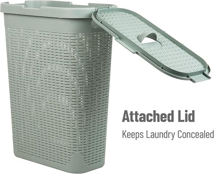 Mind Reader Slim Laundry Hamper with Lid, 40L Clothes Basket, Narrow Tapered Design with Ventilated Cutout Pattern, Plastic, Mint