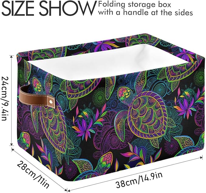 Large Storage Basket Bin Mandala Sea Turtle Storage Cube Box Foldable Canvas Fabric Collapsible Organizer with Handles for Home Office Closet, 2PCS