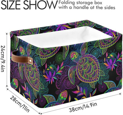 Large Storage Basket Bin Mandala Sea Turtle Storage Cube Box Foldable Canvas Fabric Collapsible Organizer with Handles for Home Office Closet, 2PCS
