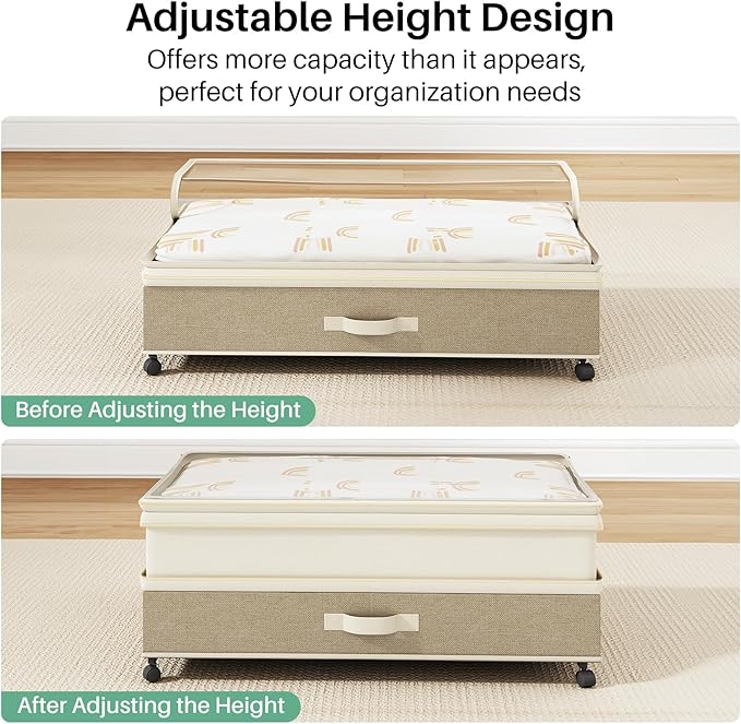 Kitstorack 4 Pack Height-adjustable Under Bed Storage with Wheels, Under Bed Storage Containers,Under Bed Shoe Storage Organizer with Clear Window&Label, Suitable for Clothes Storage, Beige & Linen