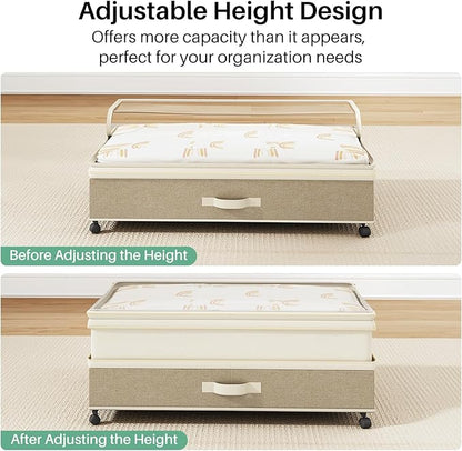 Kitstorack 4 Pack Height-adjustable Under Bed Storage with Wheels, Under Bed Storage Containers,Under Bed Shoe Storage Organizer with Clear Window&Label, Suitable for Clothes Storage, Beige & Linen