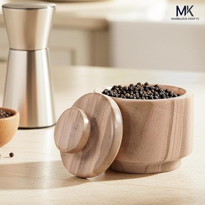 MARBLOUS KRAFTS Marble Salt Cellar 3" Inch Brown Salt Holder with Lid for Spice Jar & Stone Salt Container, Modern Sugar Bowl, Countertop Storage, Ideal Mother’s Day Gift, Home Decor