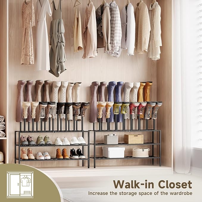 Boot Rack for Tall Boots Organizer,3-Tier Multiuse Shoe Rack and Boot Storage Rack,for Tall Boots,Sneakers,High-Heel (Black, 3-Tier-Long)