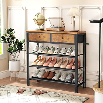 Kitstorack Shoe Rack, 4 Tier Shoe Organizer for 9-12 Pairs of Shoes, with 2 Drawers, 3 Fabric Shelves and Wooden Top, Shoe Rack for Closet Entryway, Rustic Brown