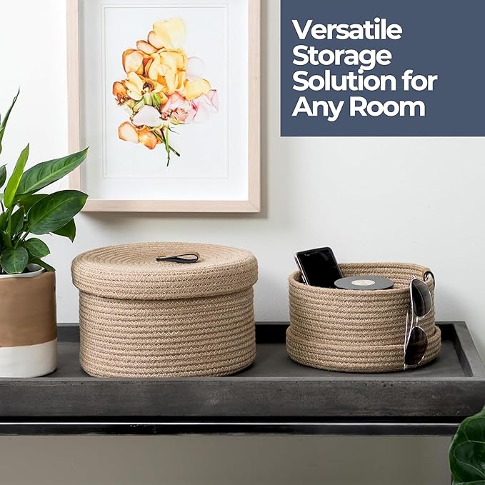 DENJA & CO Set of 2 Decorative Storage Baskets with Lids - Round Woven Baskets for Home Decor and Organizing - Small Shelf Baskets with Leather Tabs and Handles - Decorative Storage and Organizer Bins