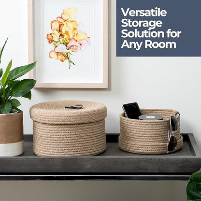 DENJA & CO Set of 2 Decorative Storage Baskets with Lids - Round Woven Baskets for Home Decor and Organizing - Small Shelf Baskets with Leather Tabs and Handles - Decorative Storage and Organizer Bins