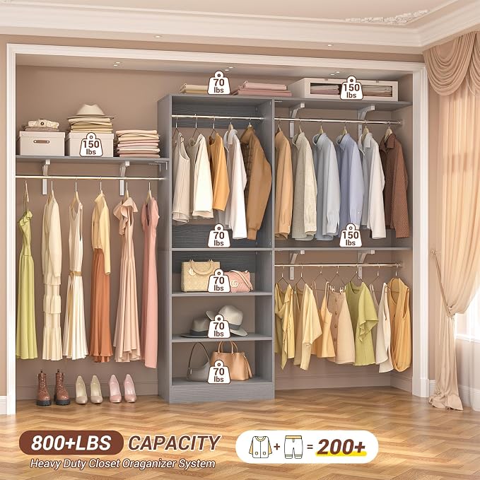 iSunirm 8FT Closet System with Shelves, 96'' Closet Organizer System with 3 Hanging Rods, Wall Mount Bedroom Wardrobe Walk-in Closet, Adjustable Cloth Garment Rack from 5 to 8FT (Cut to Fit), Grey