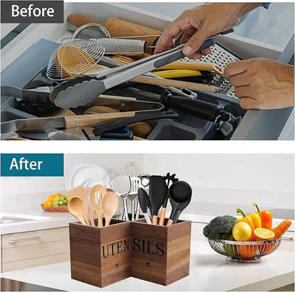 Suli Extra Large Kitchen Utensils Holder with 3 Compartments,Corner Utensil Caddy for Countertop,Acacia Wood Utensil Organizer for Kitchen Countertop, Farmhouse Decor-Acacia Brown