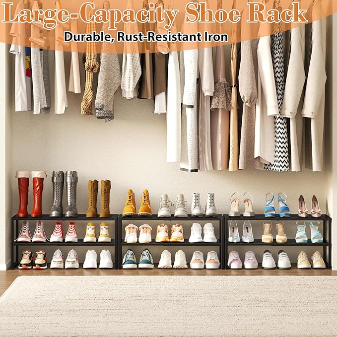 2 Tier Shoe Rack Organizer for Closet and Entryway, Expandable & Stackable Metal Shoe Storage Shelf, Adjustable Small Shoe Rack (17.52-28.74 in), Black