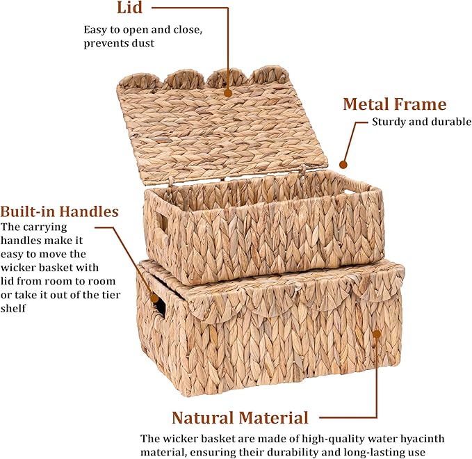 LUSYDECO Set of 2 Scalloped Edge Wicker Basket with Lids, Rectangle Wicker Storage Basket with Built-in Handles, Multipurpose Organizer Rattan Display Boxes for Shelf, Nursery Room