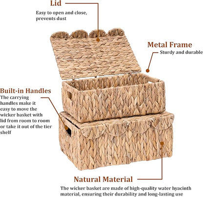 LUSYDECO Set of 2 Scalloped Edge Wicker Basket with Lids, Rectangle Wicker Storage Basket with Built-in Handles, Multipurpose Organizer Rattan Display Boxes for Shelf, Nursery Room
