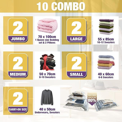 HIBAG Vacuum Storage Bags, 10-Pack Vacuum Seal Bags for Clothing Clothes, Space Saver Bags (2 Jumbo, 2 Large, 2 Medium, 2 Small, 2 Roll-up) with Pump (10-Combo)