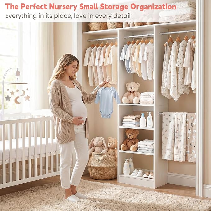 iSunirm 48" Small Closet System, Space-Saving Wall-Mounted Wardrobe Organizer, Mini Garment Rack for Narrow Spaces, Morning Outfit Prep Station & Nursery Dress-up Storage, White
