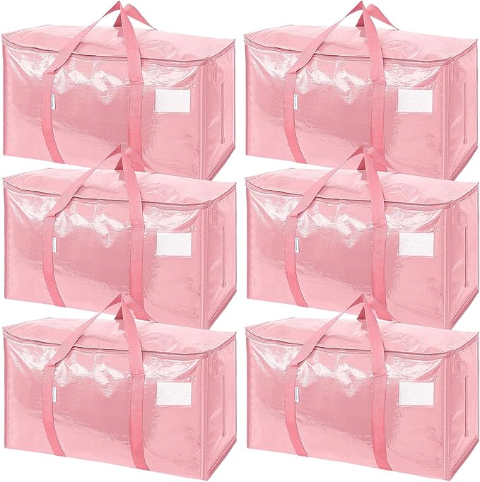 TICONN 6 Pack Extra Large Moving Bags Heavy Duty with Zippers & Carrying Handles, Durable Storage Bags Moving Boxes for Closet Organizers and Storage (6 Pack, Coral)