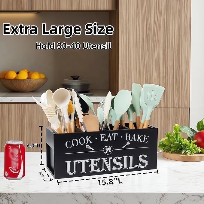 LIBODOUR Utensil Holder,Extra Large Wooden Utensil Holder For Kitchen Counter,Cooking Spatula Organizer,Big Storage Caddy with 4 Compartments Farmhouse Flatware Spoon Tool Cutlery（Black）