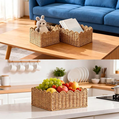 Scalloped Basket, Wicker Storage Baskets, Hand Woven Baskets for Shelves,Natural Baskets for Organizing (M-14" L x 10.5" W x 6" H)