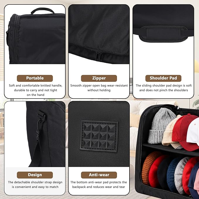 Gugxiom Large Hat Bag for Baseball Caps, Portable Hat Carrier Holder Case for 24 Caps，Black Hat Storage Bag for Travel,Business Trips，Home Organisation and Moving House