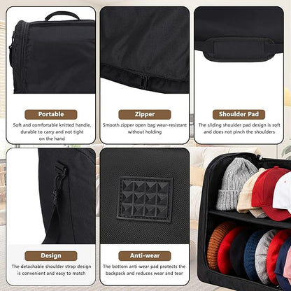 Gugxiom Large Hat Bag for Baseball Caps, Portable Hat Carrier Holder Case for 24 Caps，Black Hat Storage Bag for Travel,Business Trips，Home Organisation and Moving House