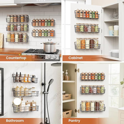 Mystozer 5 Pack Spice Rack Seasoning Organizer Wall Mount, Spice Storage Spice Rack Organizer Pantry Door Organizer Screw or Adhesive Hanging Shelf Basket Spice Organizer Shelf for Kitchen (Gray)