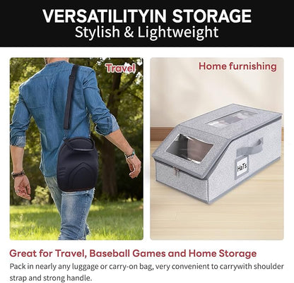 One set hat Storage for Baseball Caps,Gery Stackable box holds up to 18 Caps Hat Organizer for Closet, Black Baseball Cap and Adjustable Shoulder Strap, Hat Organizer Holder Bag for 6 Baseball Caps.