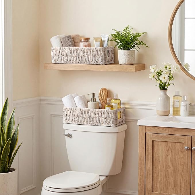 StorageWorks Wicker Toilet Paper Basket for Back of Toilet Baskets, Water Hyacinth Bathroom Basket Organizer and Storage for Tank Topper, Small Tank Trays for Decor with Built-in Handles, White