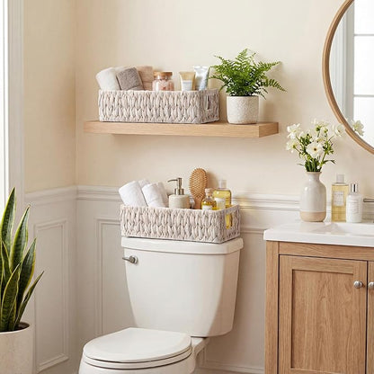 StorageWorks Wicker Toilet Paper Basket for Back of Toilet Baskets, Water Hyacinth Bathroom Basket Organizer and Storage for Tank Topper, Small Tank Trays for Decor with Built-in Handles, White