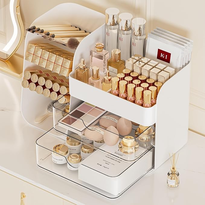 Booklov Makeup Organizer for Vanity, Countertop Cosmetic Display Case with Clear Acrylic Drawers, Bathroom Counter Beauty Caddy, Cute Table Storage Holder for Skincare, Brush Lipsticks, Crystal White