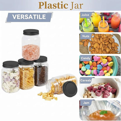 novelinks 16 oz Clear Plastic Jars with Lids, Refillable 16oz Mason Jars with Lids & Storage Containers for Kitchen & Household Use (15 Pack,Black)