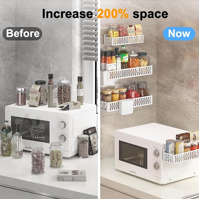 Sevenblue 4 Pack Large Magnetic Spice Rack for Refrigerator, Spice Rack Organizer, Moveable Magnetic Shelf Fridge Organizer with 4 Hooks for Kitchen and Oven Organization, White
