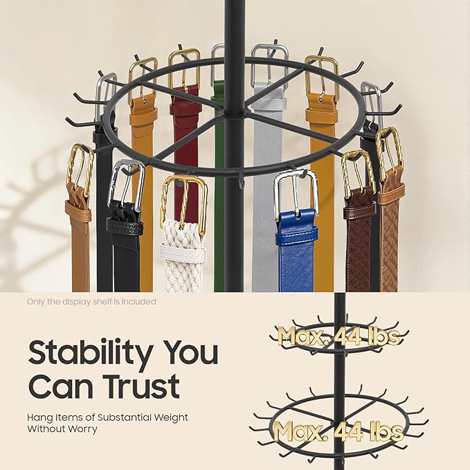 Floor Standing Belt Display, Tie Rack Floor Mounted Belt Hanger Belt Display Shelf Purse Hanger Stand Scarf Stand Adjustable Feet for Home, Boutiques, Clothing Stores, Retail Stores (Black)