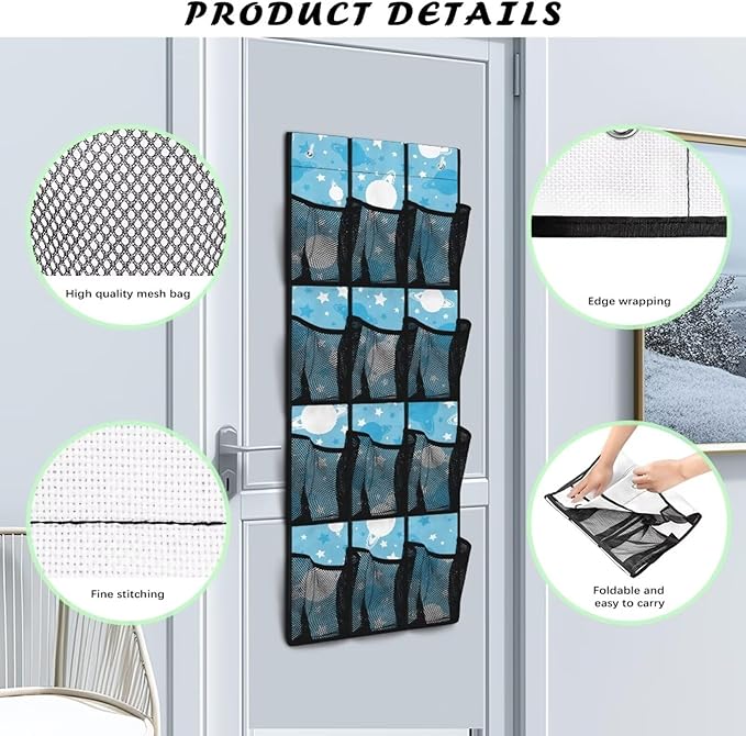 12-Pocket Storage Hanging Bag for Doors, Oxford Material, Waterproof Scratch-Proof and Designed for Organizing Household Items, Blue White Planets