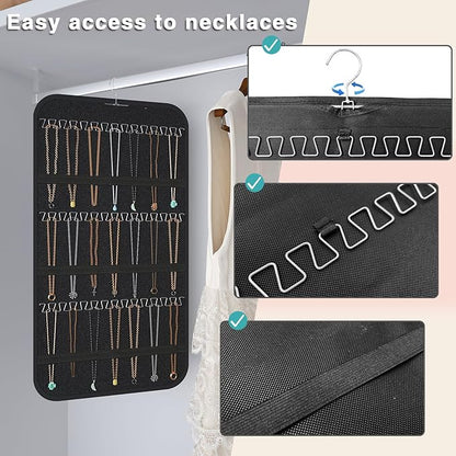 Hanging Jewelry Organizer Storage, 40 Pockets 36 Hooks Necklace Earring Necklace Bracelet Ring Organizer, Double - Sided Design, Black