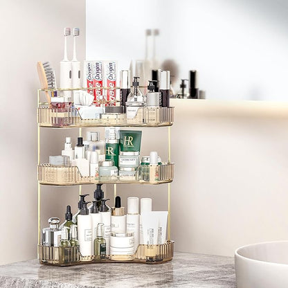 Corner Bathroom Counter Organizer with Top Toothbrush Holders, 3-Tier Make Up Organizers for Vanity with Brush Holder, Corner Storage for Bathroom, Kitchen, Dresser