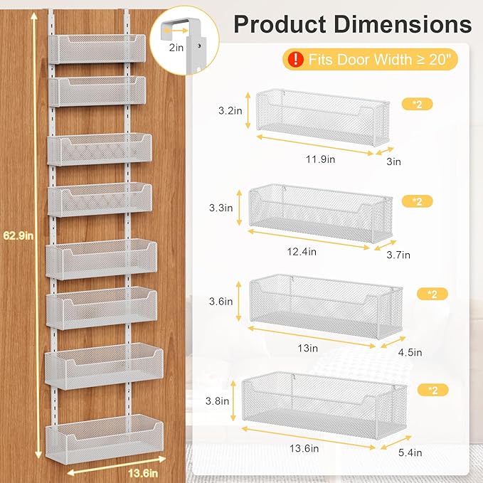 VyGrow Over the Door Organizer, 8-Tier Pantry Organizer with Fully Enclosed Mesh Baskets, Heavy-Duty Metal Hanging Spice Rack for Kitchen Bathroom Laundry Room, 2-in-1 Wall Mount or Door Mount, White