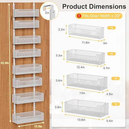 VyGrow Over the Door Organizer, 8-Tier Pantry Organizer with Fully Enclosed Mesh Baskets, Heavy-Duty Metal Hanging Spice Rack for Kitchen Bathroom Laundry Room, 2-in-1 Wall Mount or Door Mount, White