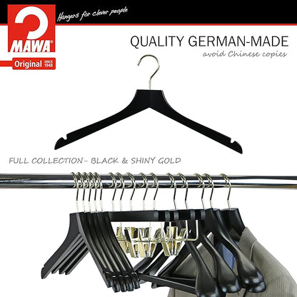 MAWA by Reston Lloyd, European Wooden Hanger, Beech Wood Straight Hanger with Shoulder Notches, Rotating Gold Hook, Black Finish, for Shirts, Blazers, Dress Clothes, Set of 5 (27115)