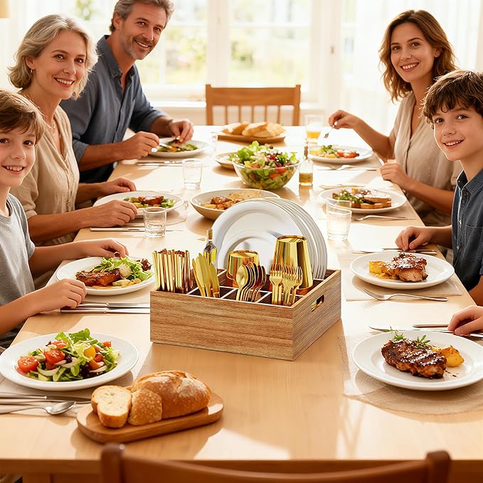 Acacia Wood Utensil Holder for Party, Paper Plate and Utensil Holder Caddy for Countertop, Kitchen Silverware Organizer Dispenser for Spoon, Napkin, Cup, Cutlery Holders for Outdoor, Camping, Picnic