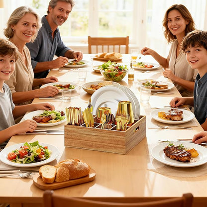 Acacia Wood Utensil Holder for Party, Paper Plate and Utensil Holder Caddy for Countertop, Kitchen Silverware Organizer Dispenser for Spoon, Napkin, Cup, Cutlery Holders for Outdoor, Camping, Picnic