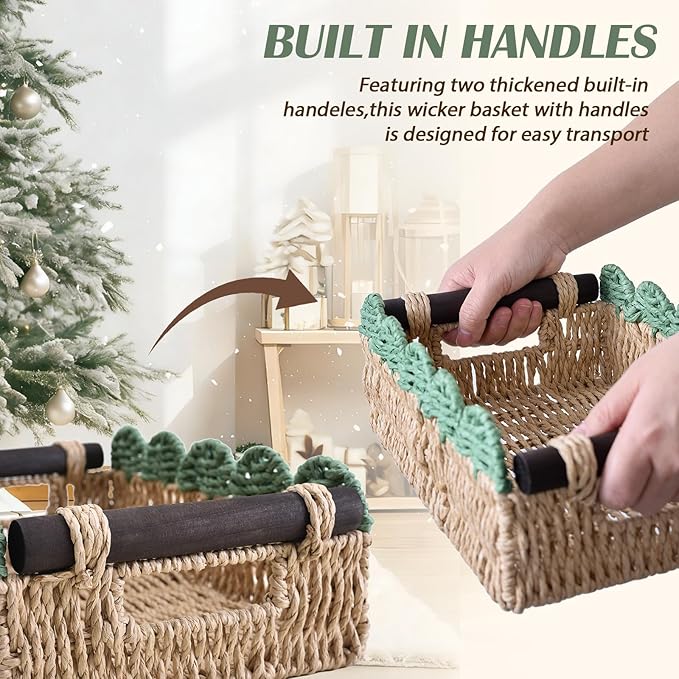 Wicker Basket with Built-in Handles, Small Scalloped Basket for Organizing, Set of 2 Decorative Baskets for Home and Toilet Paper Storage（Beige+Green）
