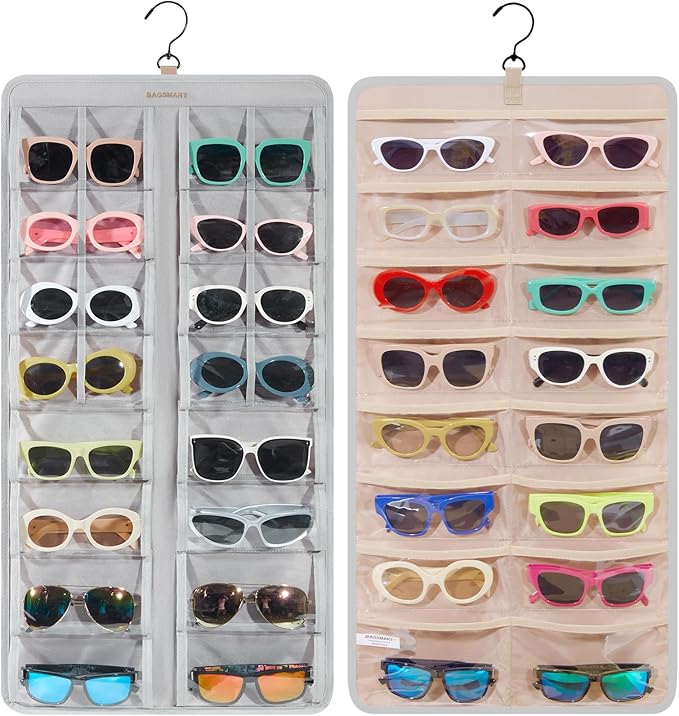 BAGSMART Hanging Jewelry Organizer, Dust Proof Sunglasses Storage Case Wall Mounted, Travel Dual Sided Glasses Case Multiple Pairs, Eyeglasses Holder with 32 Clear Slots & Metal Hook, Grey