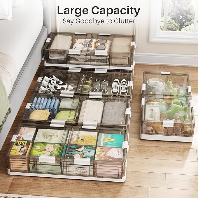 Kitstorack Plastic Under Bed Storage Containers,2 Pack Underbed Storage with Wheels,Foldable and Stackable Under Bed Organizer,Moisture and Dust-proof Storage Boxes for Clothes Shoes,13.6 Gal