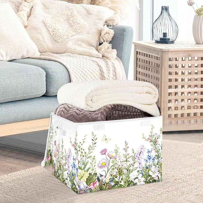 senya Spring Storage Baskets Collapsible Storage Bins with Lids, Spring Wild Flowers Butterfly Storage Boxes Clothes Baskets for Organizing