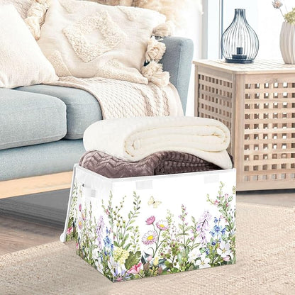 senya Spring Storage Baskets Collapsible Storage Bins with Lids, Spring Wild Flowers Butterfly Storage Boxes Clothes Baskets for Organizing