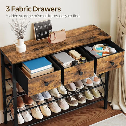YATINEY 4-Tier Shoe Rack with 3 Drawers, Metal Shoe Organizer for 15 Pairs with Storage Shelves and Wooden Top, for Entryway, Hallway, Foyer, Closet, Rustic Brown and Black SS34BR